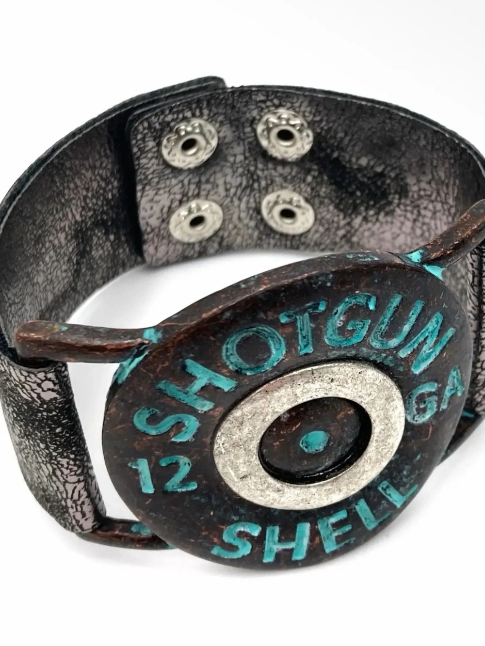 NWT Large 12 Gauge Shotgun Shell Silver Leather Wrap Bracelet Patina